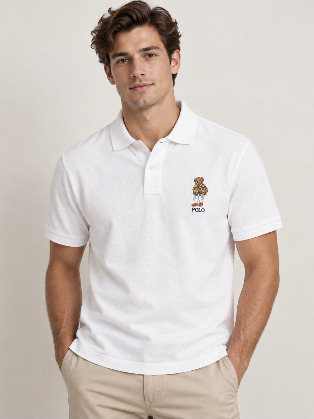 Ralph Lauren White Polo Shirt with Bear Embroidery